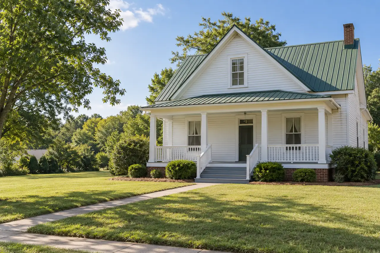 Illustrative scene: a 1930s white wood-frame mill house with a green metal roof and a front porch in Gastonia, North Carolina