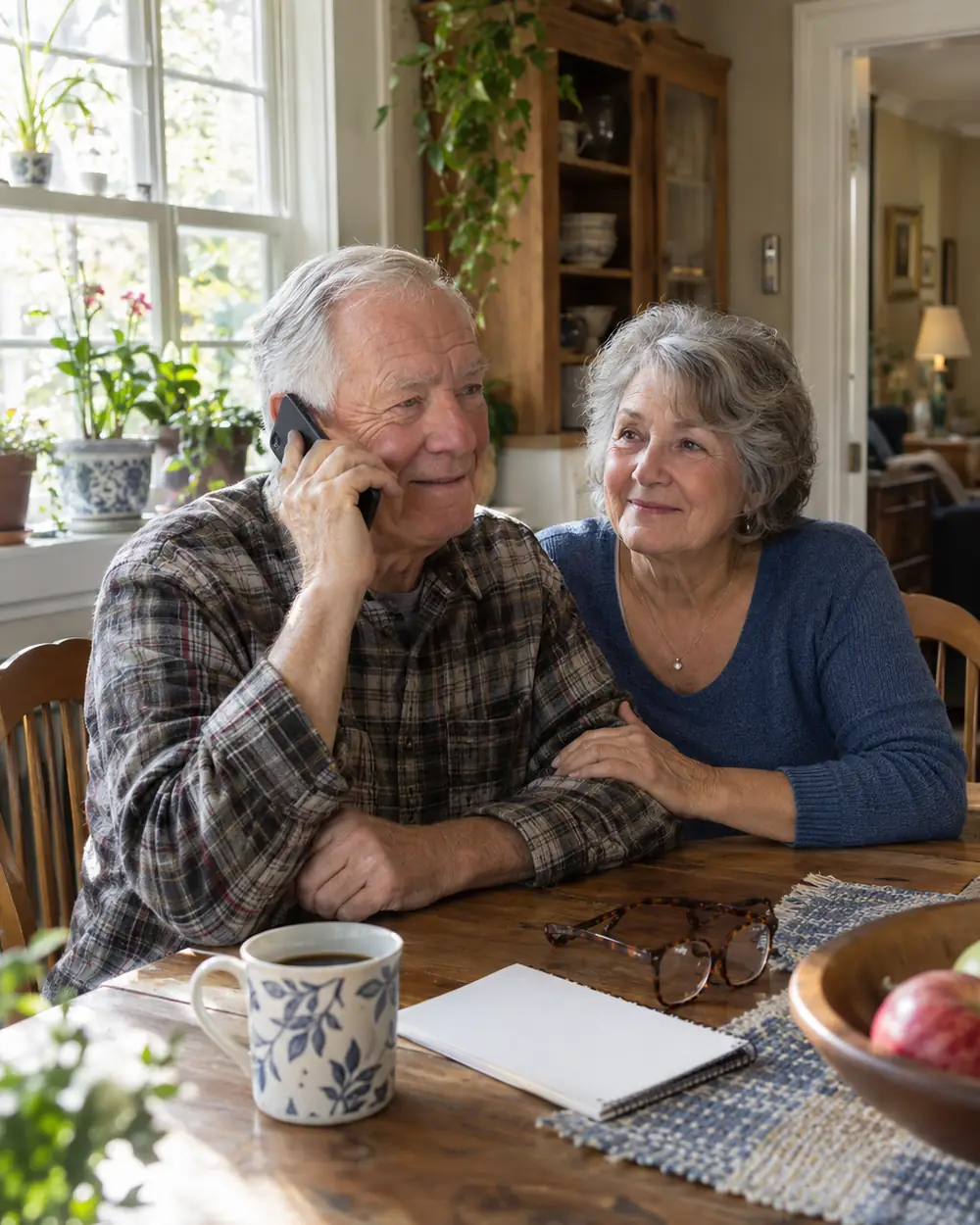 Illustrative scene: a white couple in their seventies on the phone at the kitchen table at home in Gastonia, North Carolina