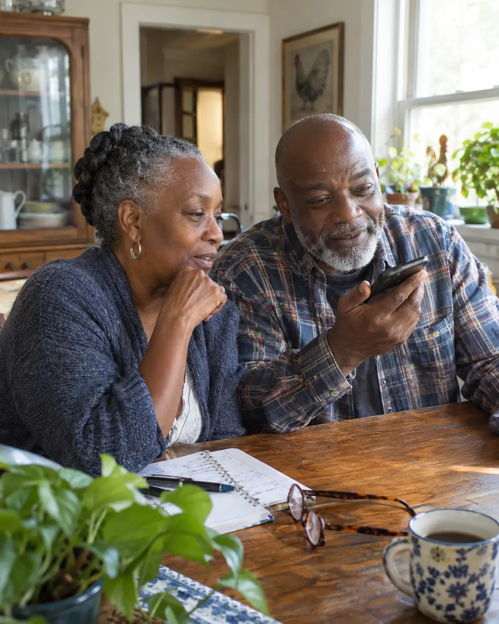 Illustrative scene: a Black couple in their late sixties on the phone at the kitchen table at home in Greensboro, North Carolina