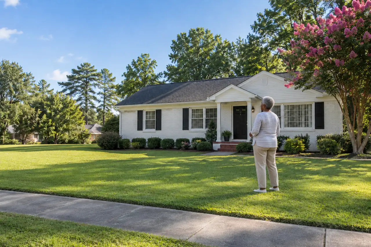 Illustrative scene: a Black woman in her seventies outside their home in Greenville, North Carolina