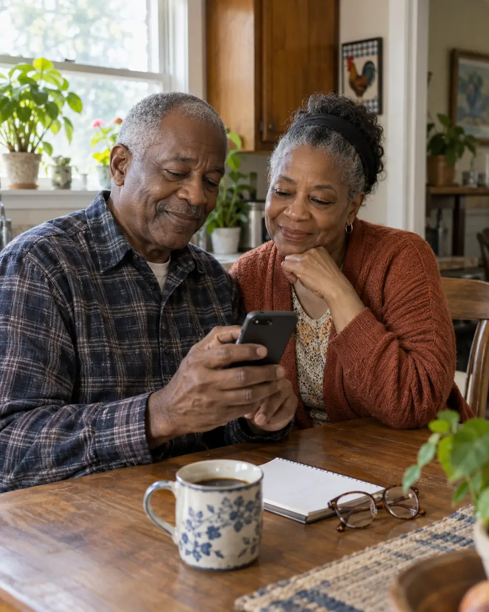 Illustrative scene: a Black couple in their late sixties on the phone at the kitchen table at home in Greenville, North Carolina