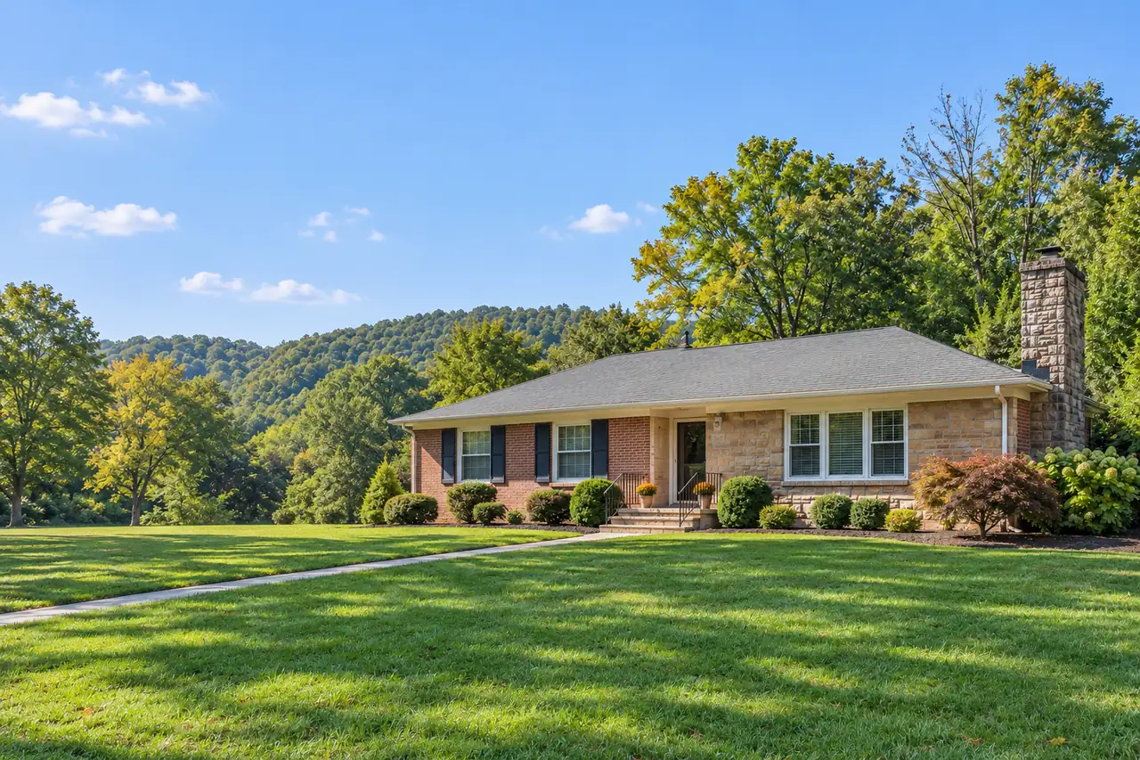 Illustrative scene: a 1950s stone-and-brick ranch house with a low roof and foothills behind it in Hickory, North Carolina