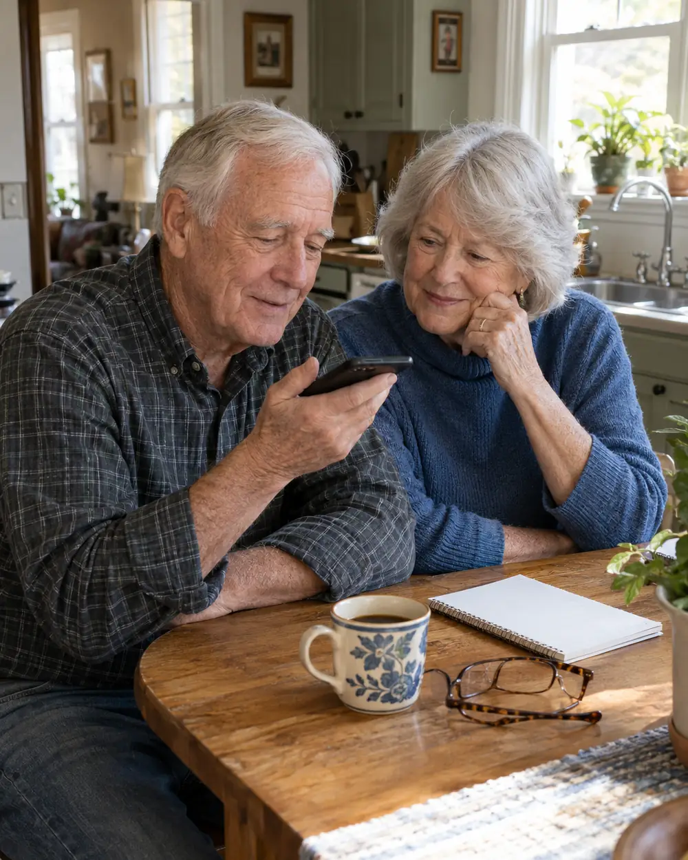 Illustrative scene: a white couple in their seventies on the phone at the kitchen table at home in Hickory, North Carolina
