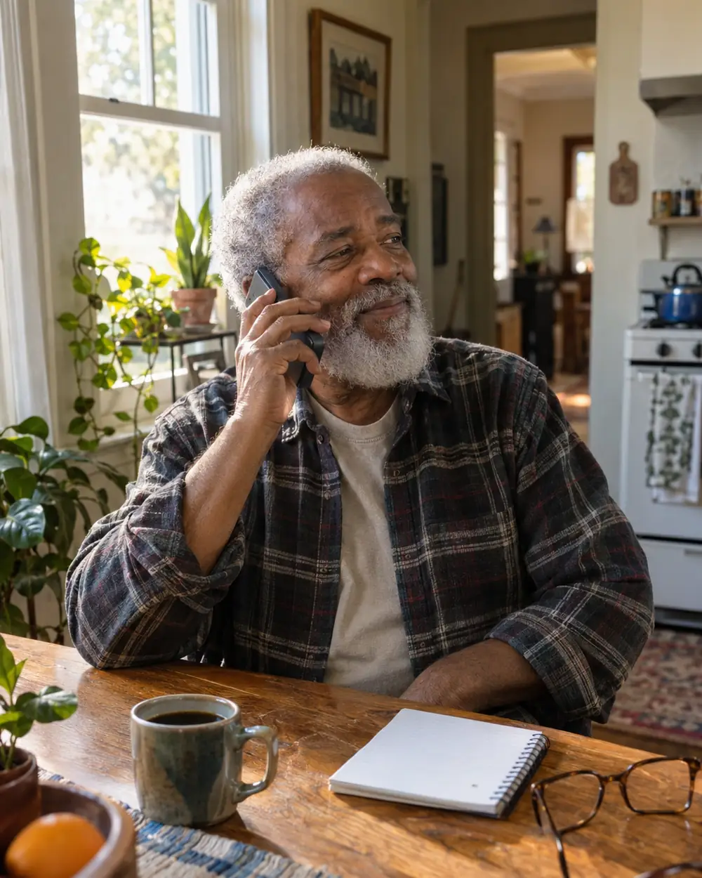 Illustrative scene: a Black man in his seventies on the phone at the kitchen table at home in High Point, North Carolina