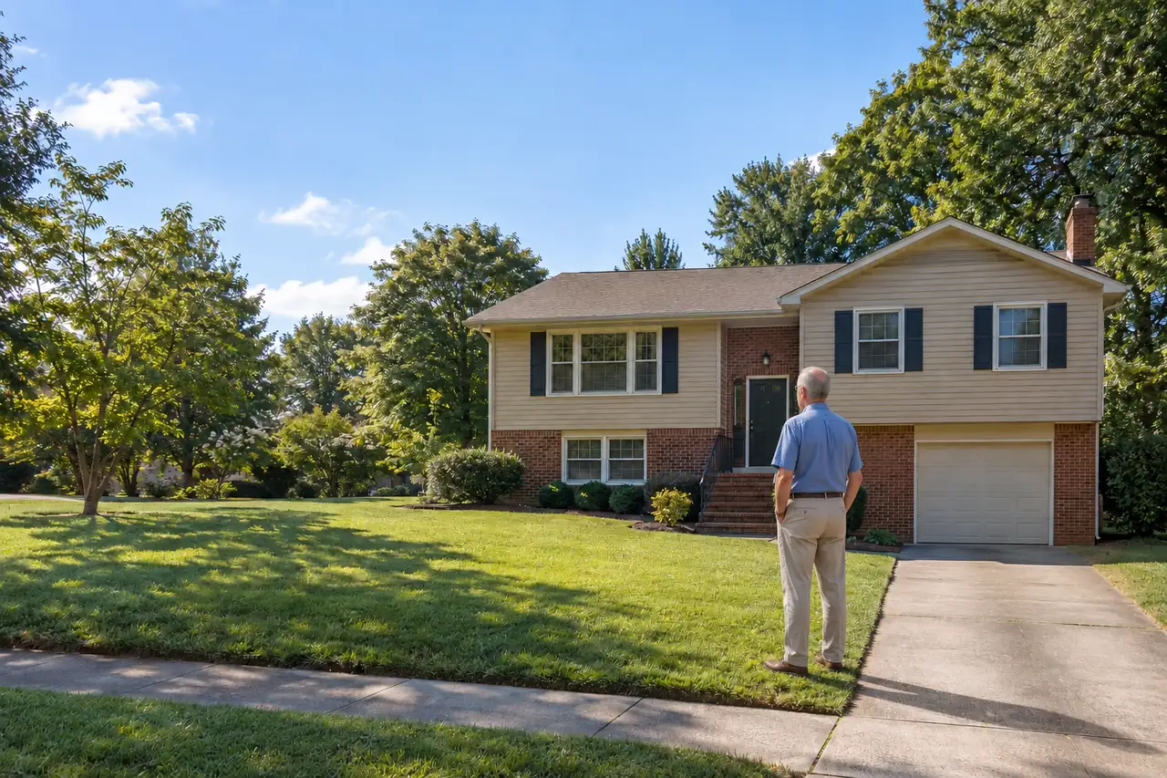 Illustrative scene: a white man in his seventies outside their home in Huntersville, North Carolina