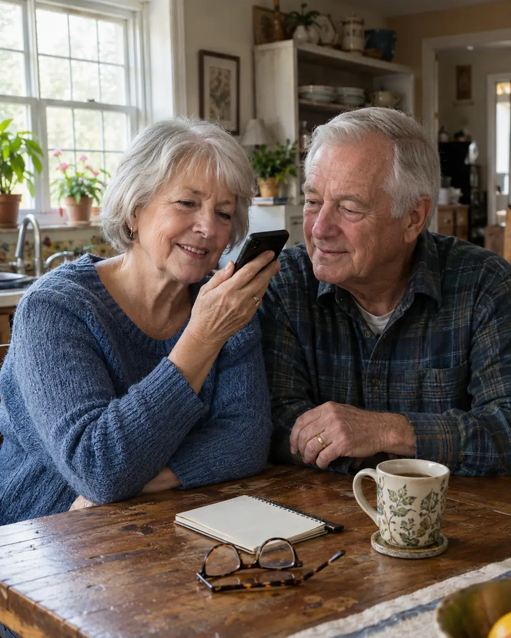 Illustrative scene: a white couple in their seventies on the phone at the kitchen table at home in Huntersville, North Carolina