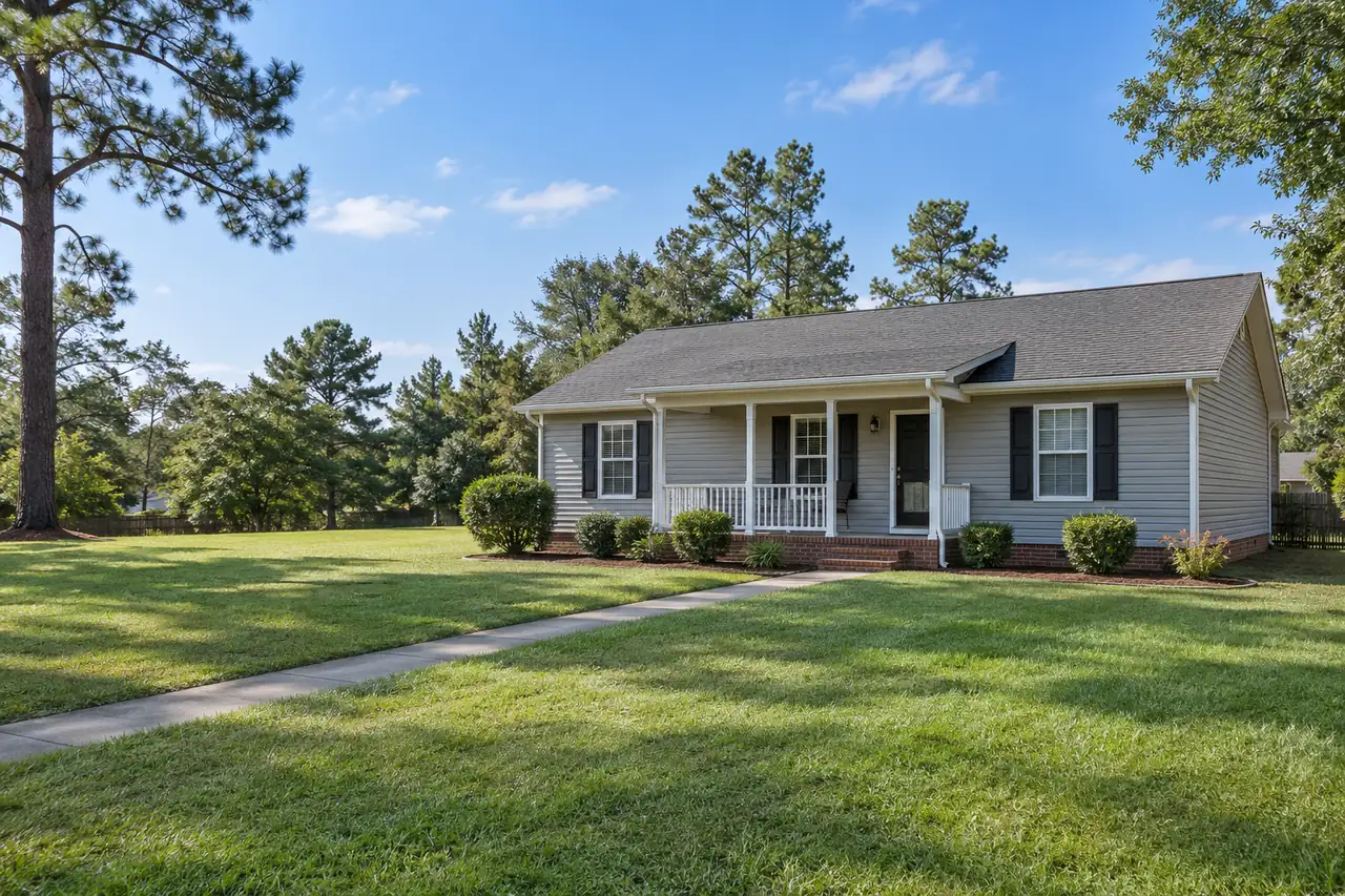 Illustrative scene: a 1970s single-story ranch house with gray vinyl siding, a front porch and pine trees in Jacksonville, North Carolina