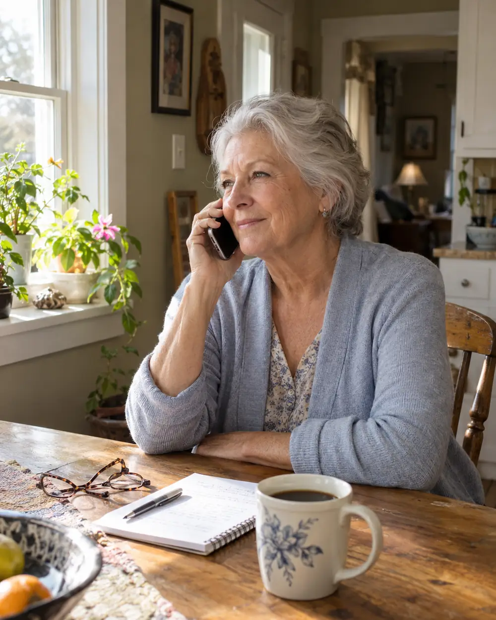 Illustrative scene: a white woman in her seventies on the phone at the kitchen table at home in Jacksonville, North Carolina