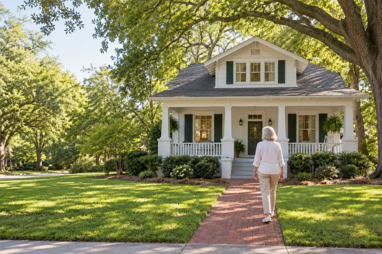 Illustrative scene: a white woman in her seventies outside their home in Raleigh, North Carolina