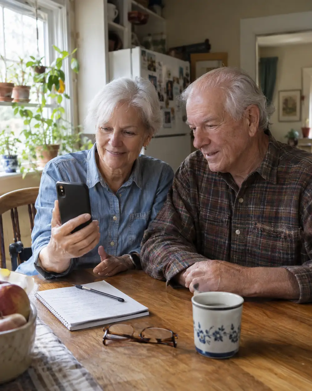 Illustrative scene: a white couple in their seventies on the phone at the kitchen table at home in Raleigh, North Carolina