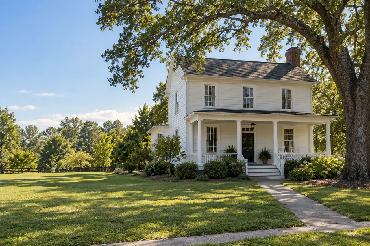 Illustrative scene: a modest 1900s two-story white farmhouse with a front porch and a big oak in the yard in Wake Forest, North Carolina