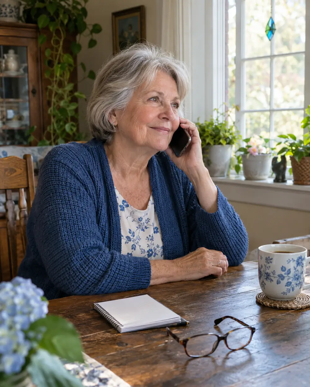 Illustrative scene: a white woman in her seventies on the phone at the kitchen table at home in Wake Forest, North Carolina