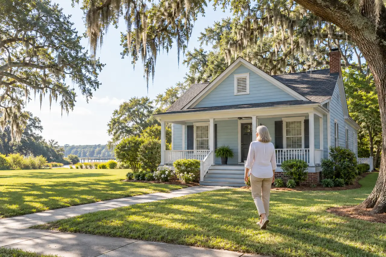 Illustrative scene: a white woman in her seventies outside their home in Wilmington, North Carolina