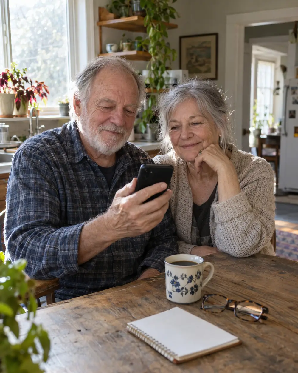 Illustrative scene: a white couple in their seventies on the phone at the kitchen table at home in Wilmington, North Carolina