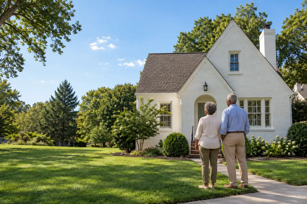 Illustrative scene: a Black couple in their late sixties outside their home in Winston-Salem, North Carolina