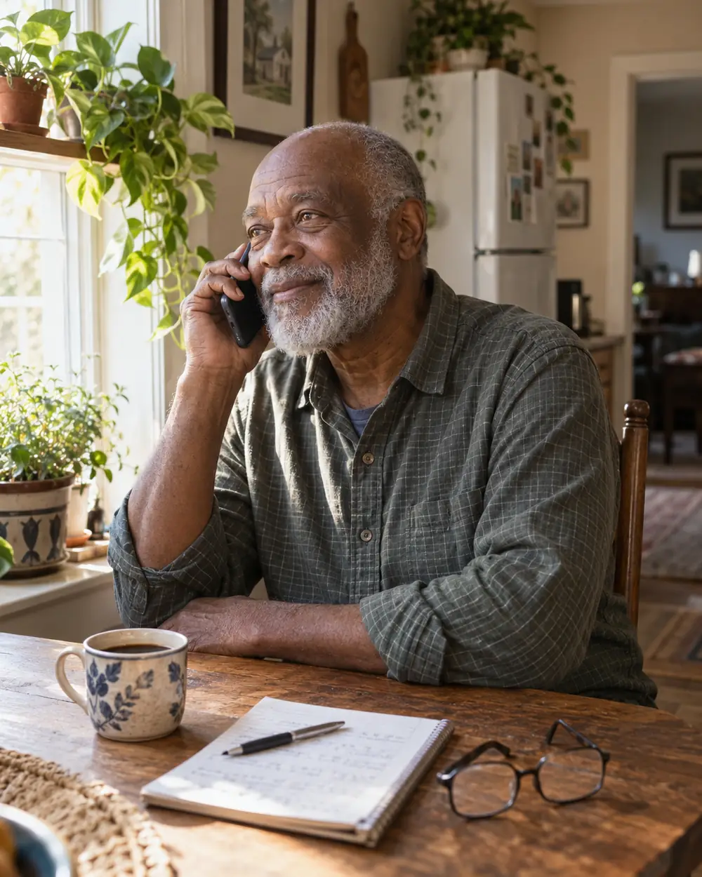 Illustrative scene: a Black man in his seventies on the phone at the kitchen table at home in Winston-Salem, North Carolina