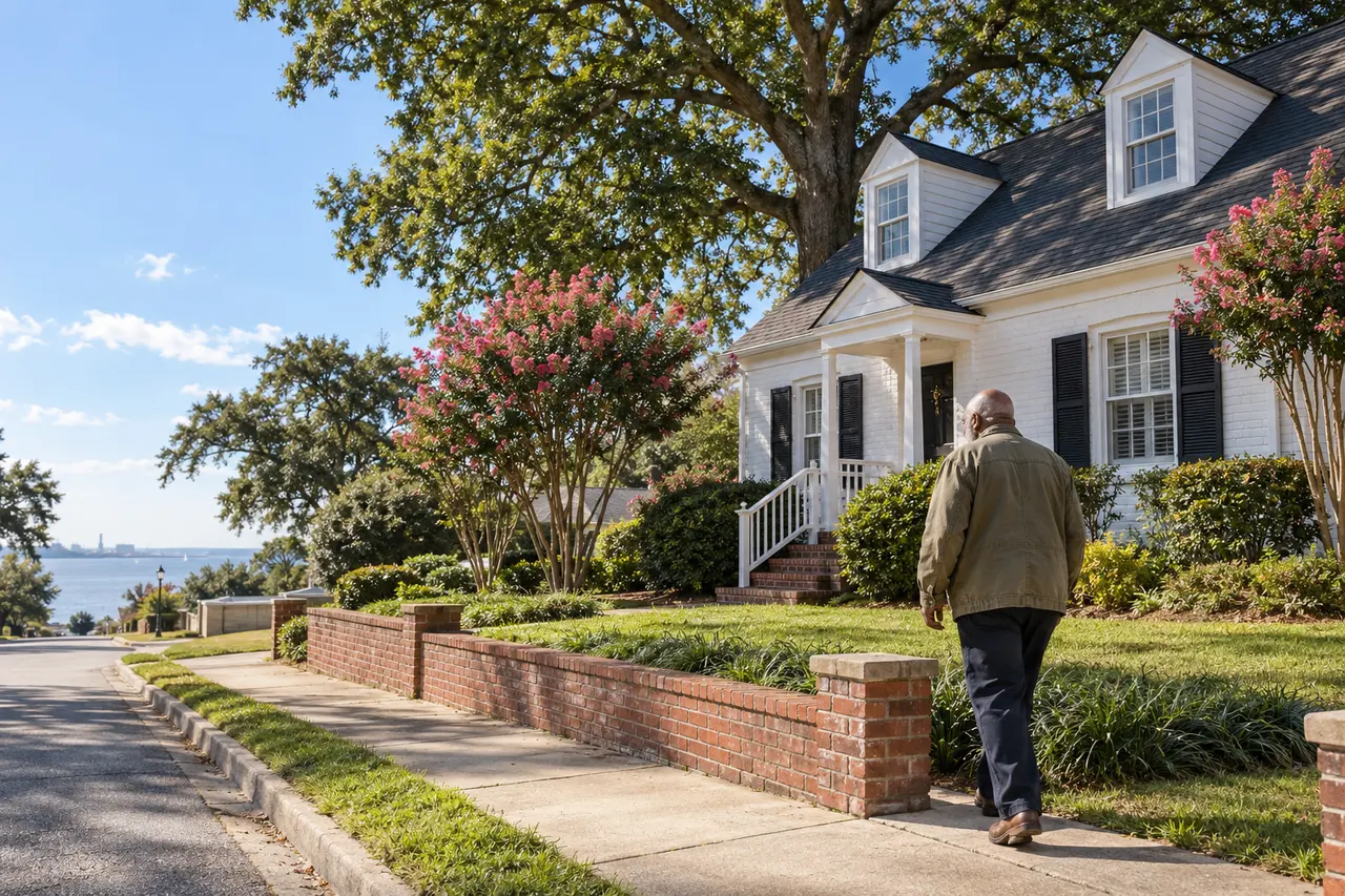 Illustrative scene: a Black man in his seventies walking along the low brick wall in front of his 1940s Cape Cod house near the James River in Newport News, Virginia