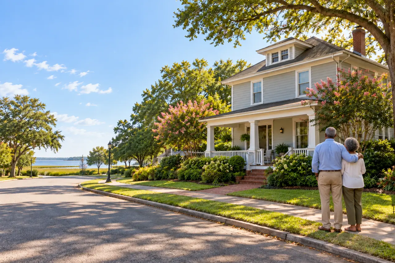 Illustrative scene: a Black couple in their late sixties on the sidewalk outside their 1920s foursquare house near the water in Norfolk, Virginia