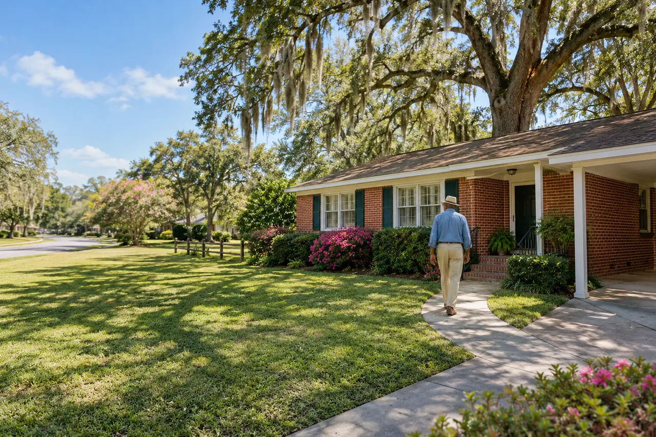 Illustrative scene: a Black man in his seventies in a straw hat walking up the curved front walk of his 1970s red-brick ranch under mossy live oaks in Ocala, Florida