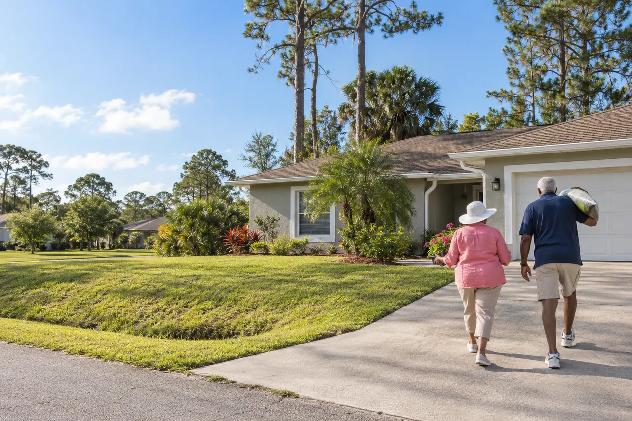 Illustrative scene: a Black couple in their late sixties carrying potting soil and a flat of flowers up the driveway of their 1980s gray-green stucco ranch under tall pines in Palm Bay, Florida