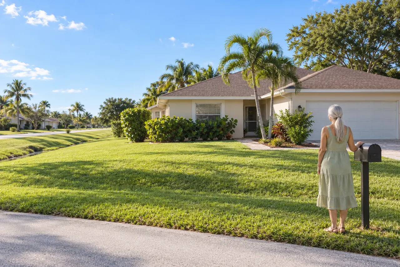 Illustrative scene: a white woman in her late sixties by the mailbox at the edge of the lawn of her 1980s beige stucco home in Port St. Lucie, Florida