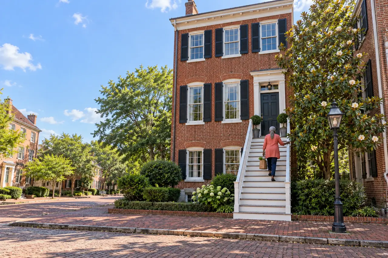 Illustrative scene: a Black woman in her seventies with silver locs climbing the long white wooden steps of her early-1800s brick town house on a brick-paved street in Olde Towne Portsmouth, Virginia