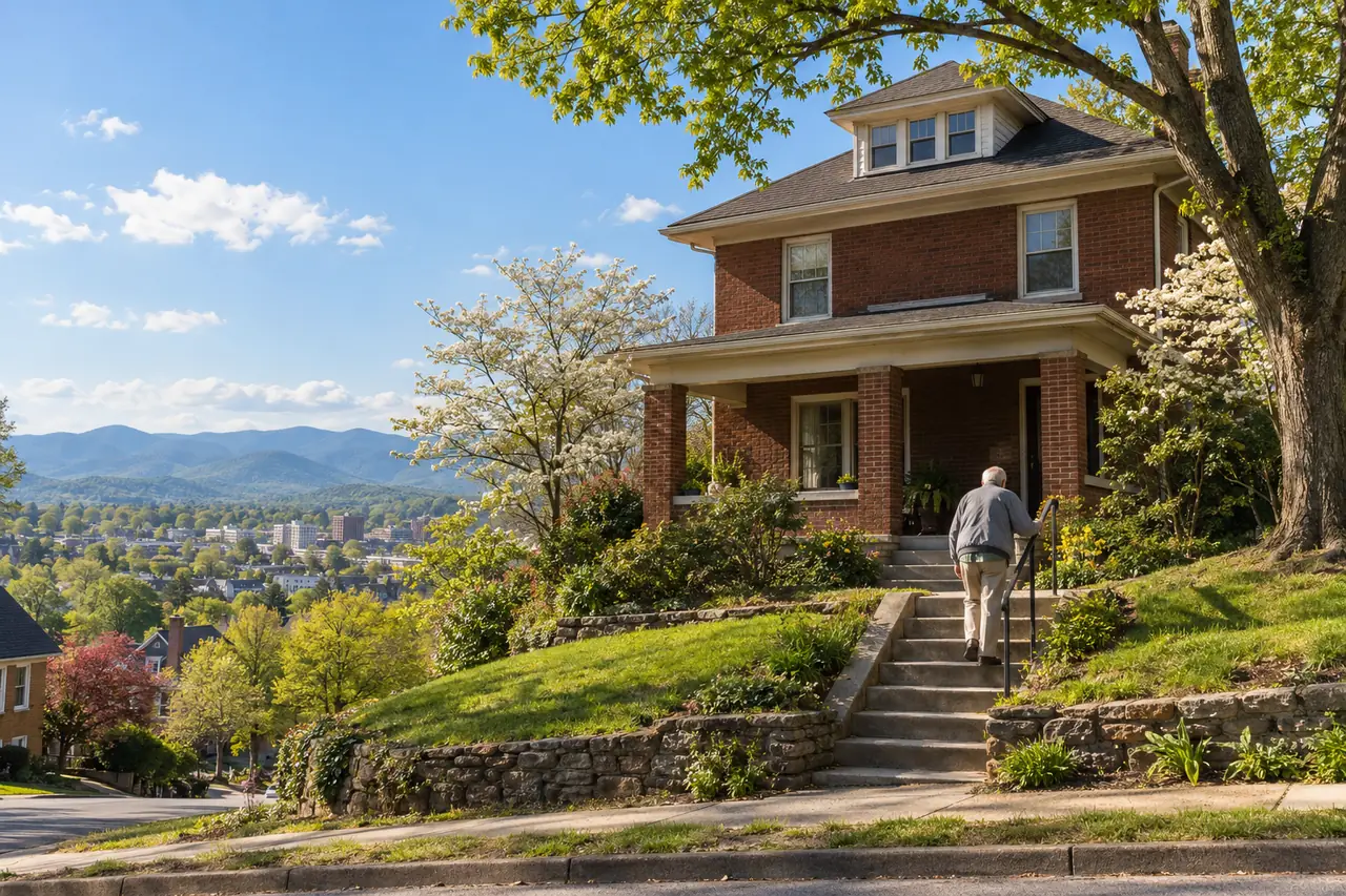 Illustrative scene: a white man in his seventies in a gray windbreaker climbing the steps to the porch of his 1920s brick foursquare on a hillside street in Roanoke, Virginia, the Blue Ridge beyond