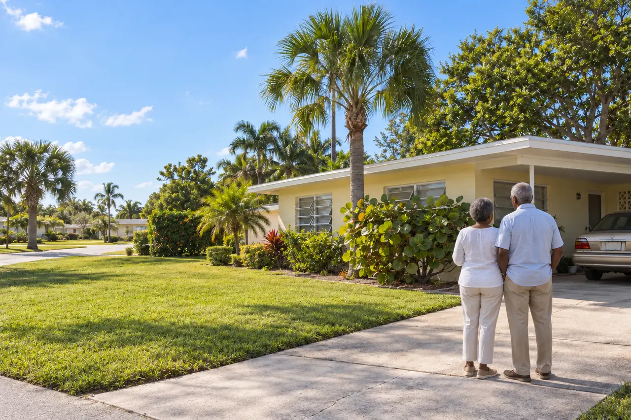 Illustrative scene: a Black couple in their late sixties at the end of the driveway of their 1950s block ranch in Sarasota, Florida
