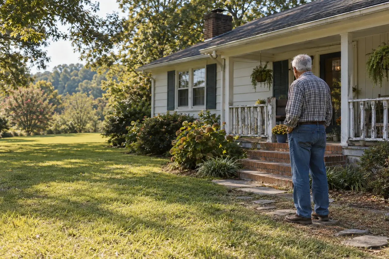Illustrative scene: a man in his seventies in the front yard of his older house