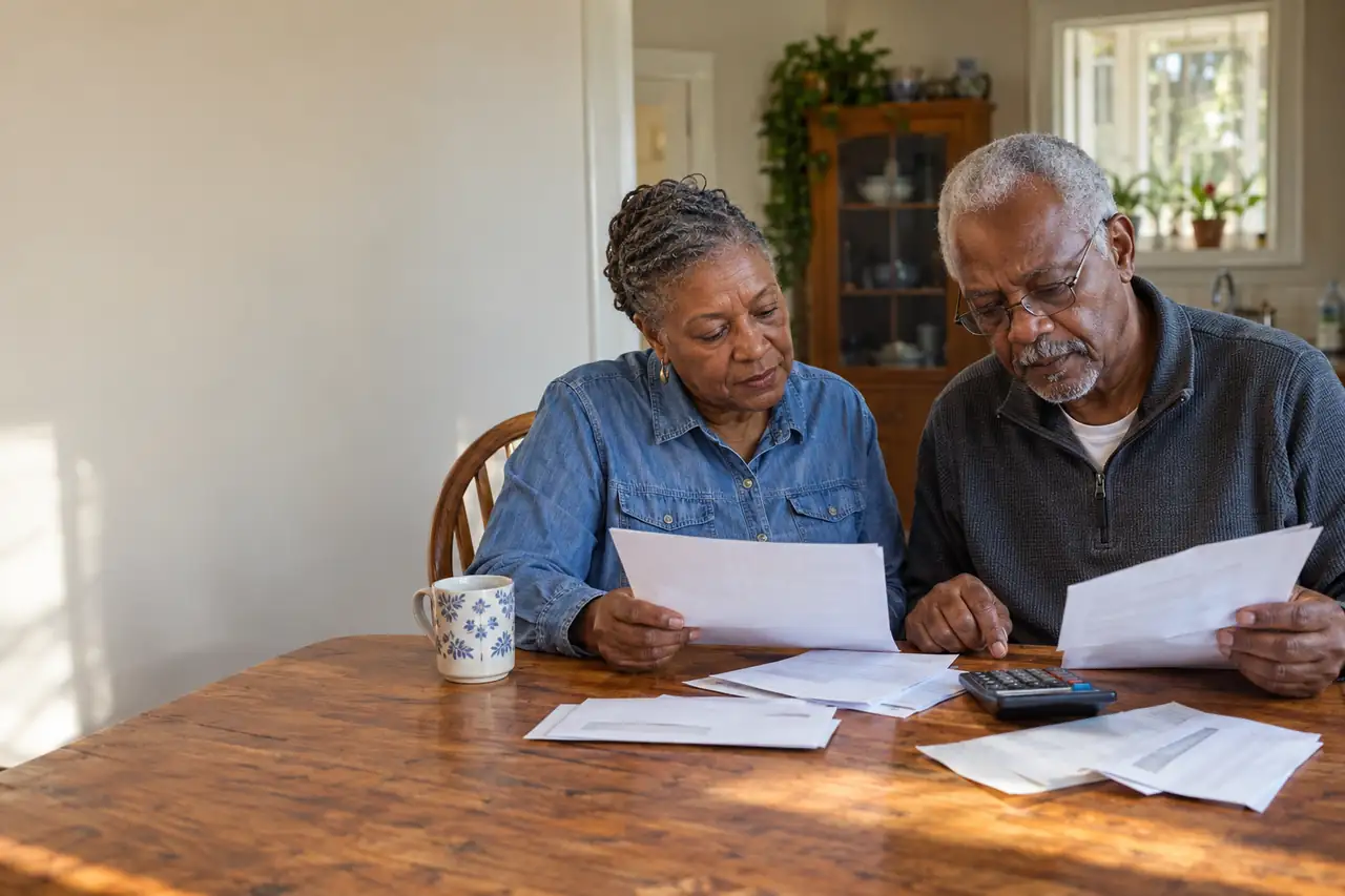Illustrative scene: a couple in their late sixties at their kitchen table with a few letters and a calculator