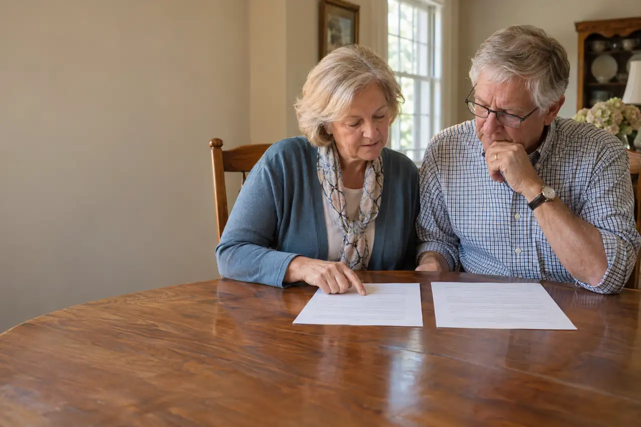 Illustrative scene: a couple in their seventies at their dining table comparing two printed letters