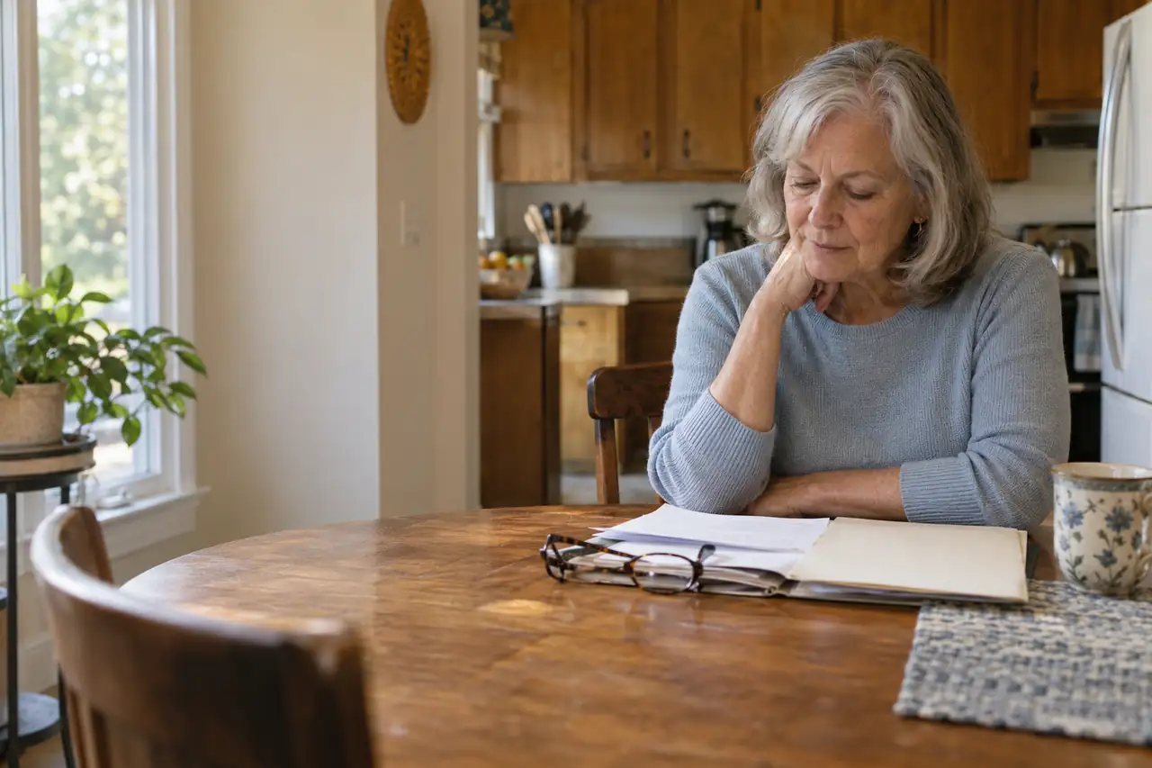 Illustrative scene: a woman in her sixties alone at her kitchen table with a folder of papers