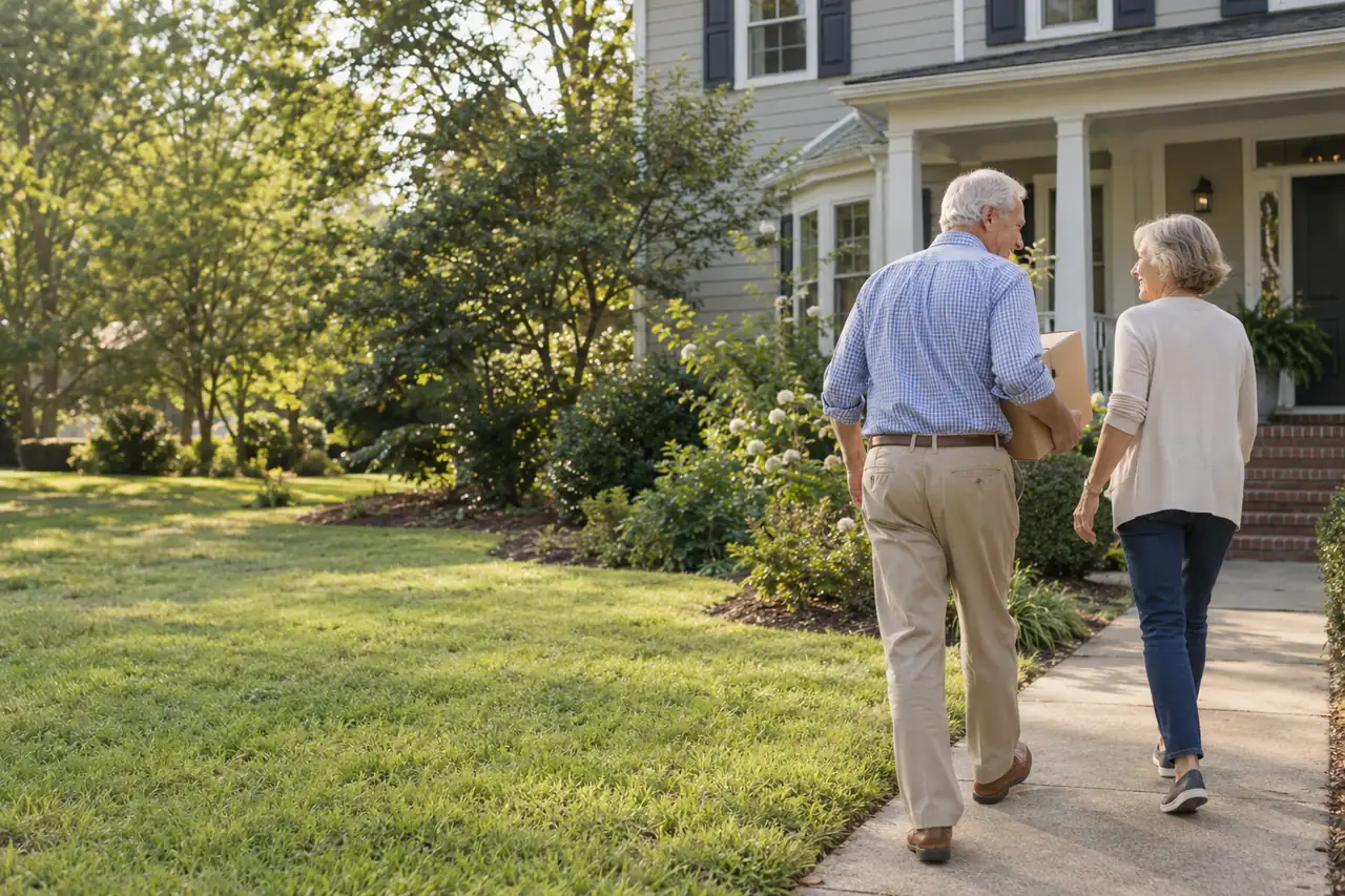 Illustrative scene: a couple in their seventies carrying a small box down the front walk of their family home