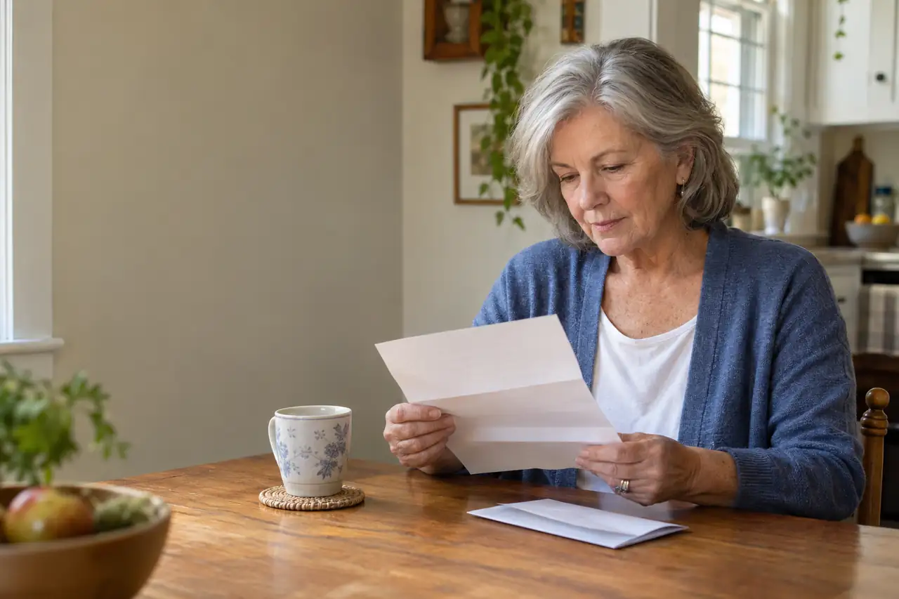 Illustrative scene: a woman in her sixties at her kitchen table holding an opened letter