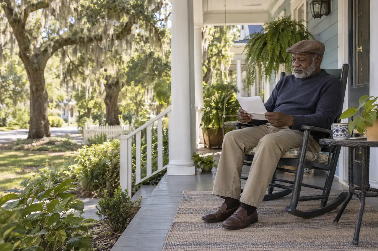 Illustrative scene: a man in his sixties on the porch of a Wilmington cottage holding an opened letter