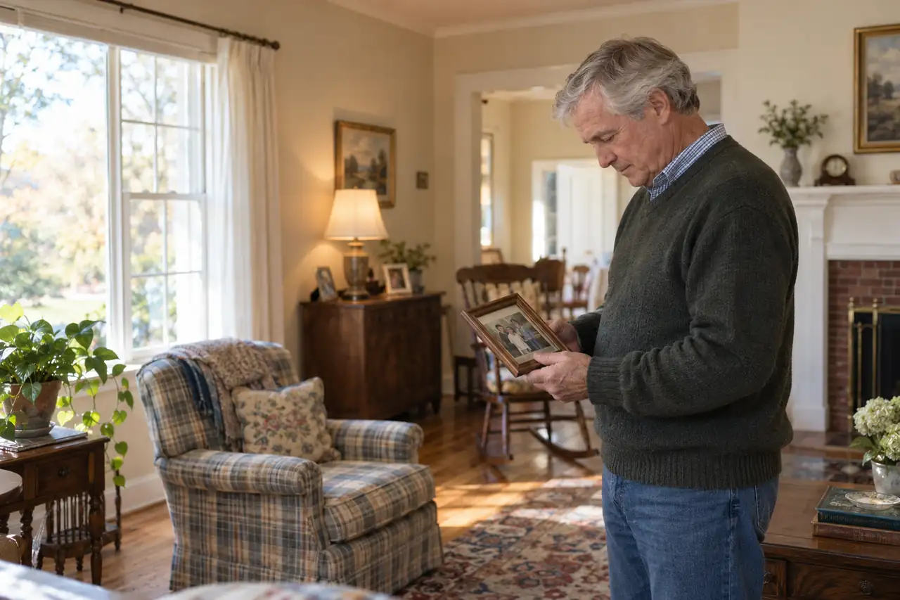 Illustrative scene: a man in his sixties in the living room of his late parents' older house holding a framed photo