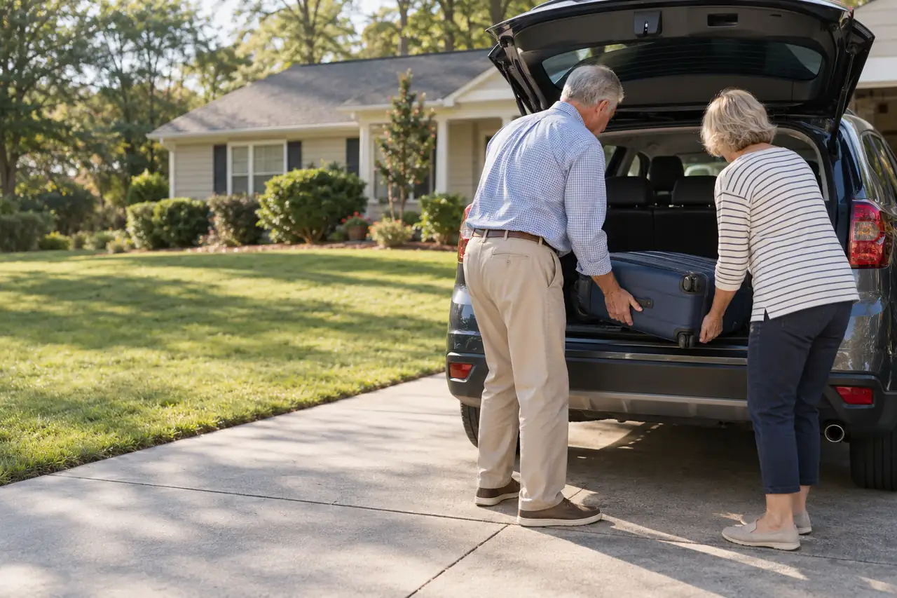 Illustrative scene: a couple in their late sixties loading a suitcase into their car in the driveway