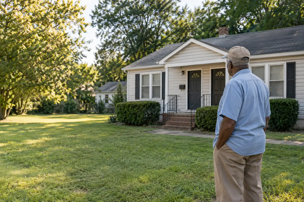 Illustrative scene: a man in his seventies in front of a small older duplex he owns