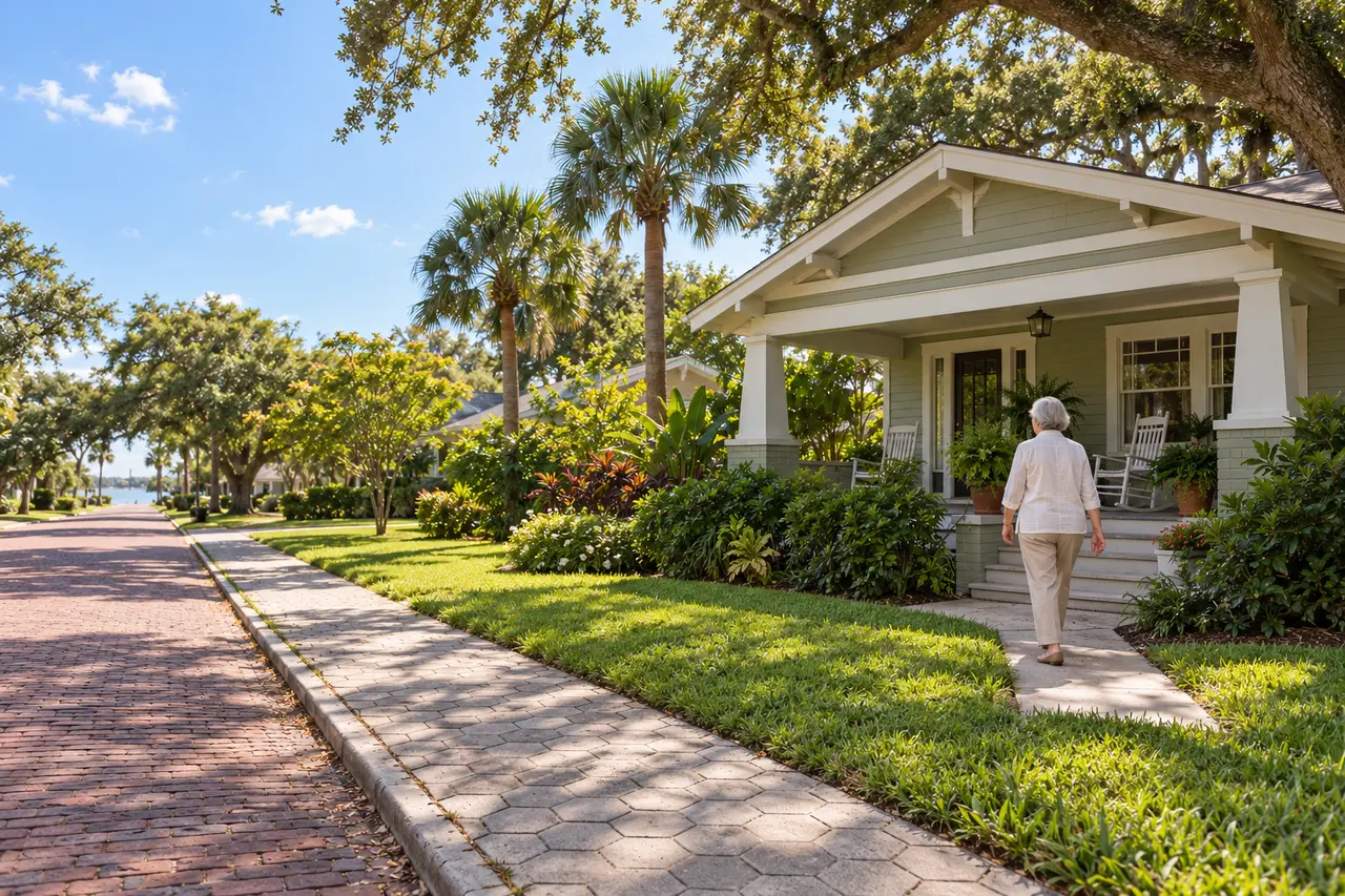 Illustrative scene: a white woman in her seventies on the front walk of her 1920s Craftsman bungalow on a brick street in St. Petersburg, Florida