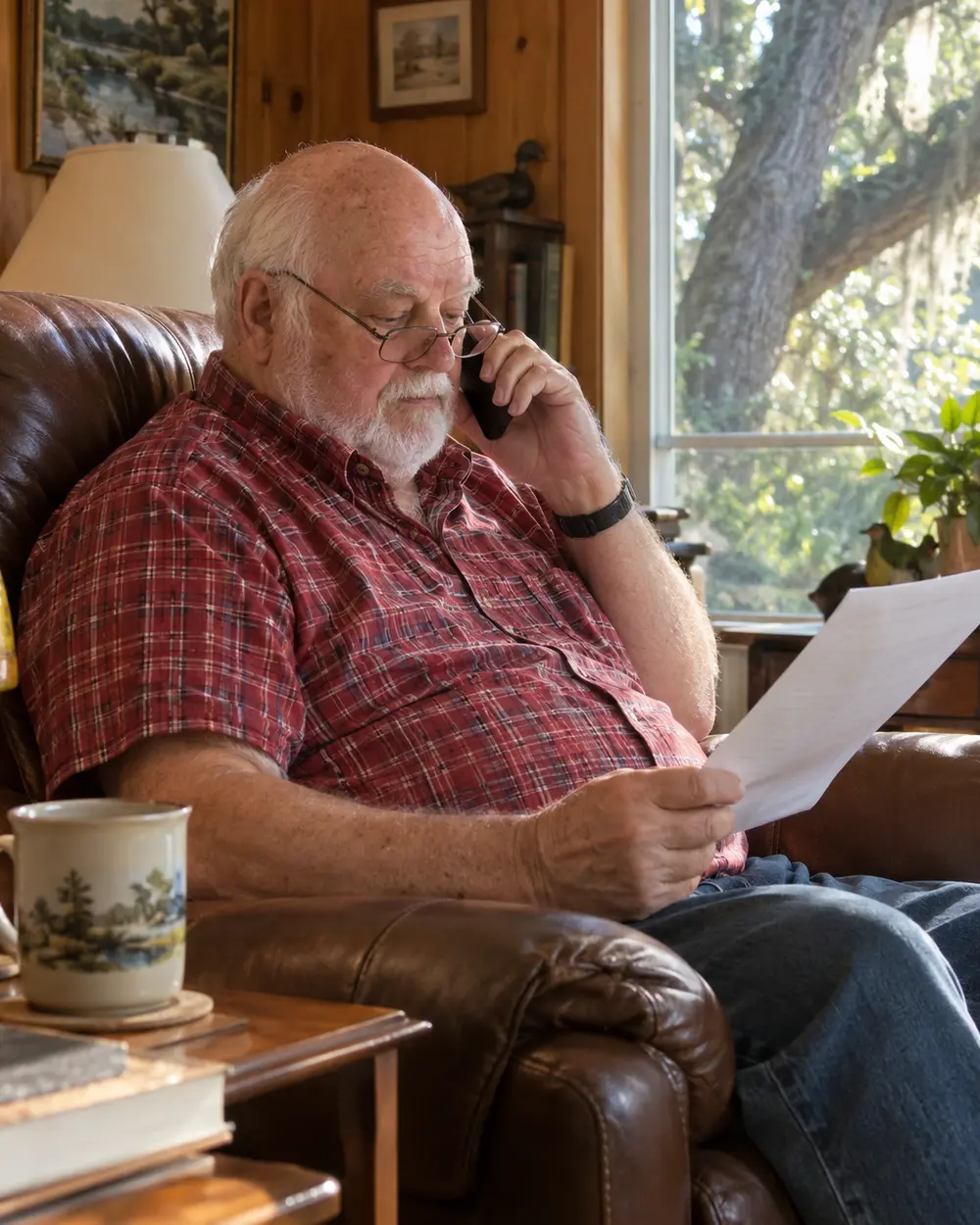 Illustrative scene: a white man in his seventies in a leather recliner in the pine-paneled den of his Bradenton cottage, on the phone with a one-page letter on his knee