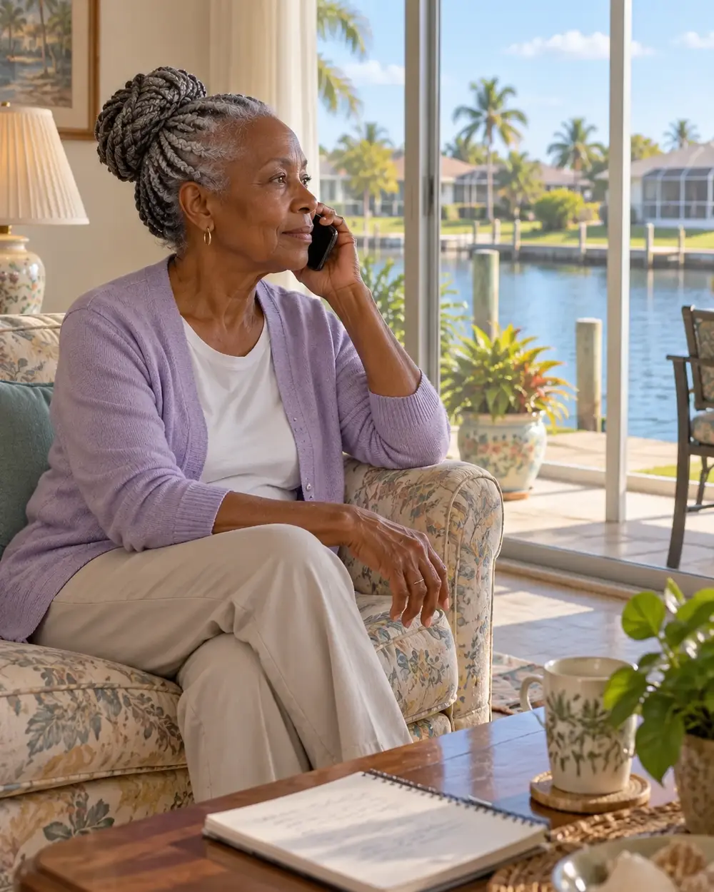 Illustrative scene: a Black woman in her late sixties on the phone in her living room, the canal outside the sliding doors of her Cape Coral home