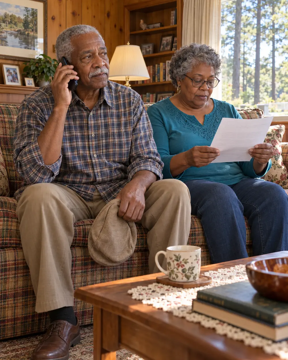 Illustrative scene: a Black couple in their seventies on the sofa in their wood-paneled den in Chesapeake, he on the phone and she reading a one-page letter