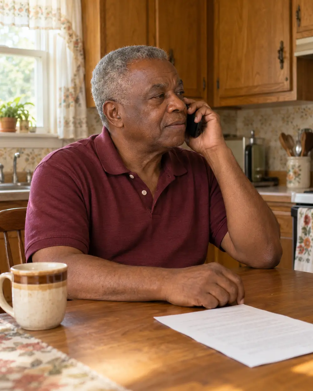 Illustrative scene: a Black man in his late sixties on the phone at the kitchen table of his Clarksville ranch house, a letter in front of him