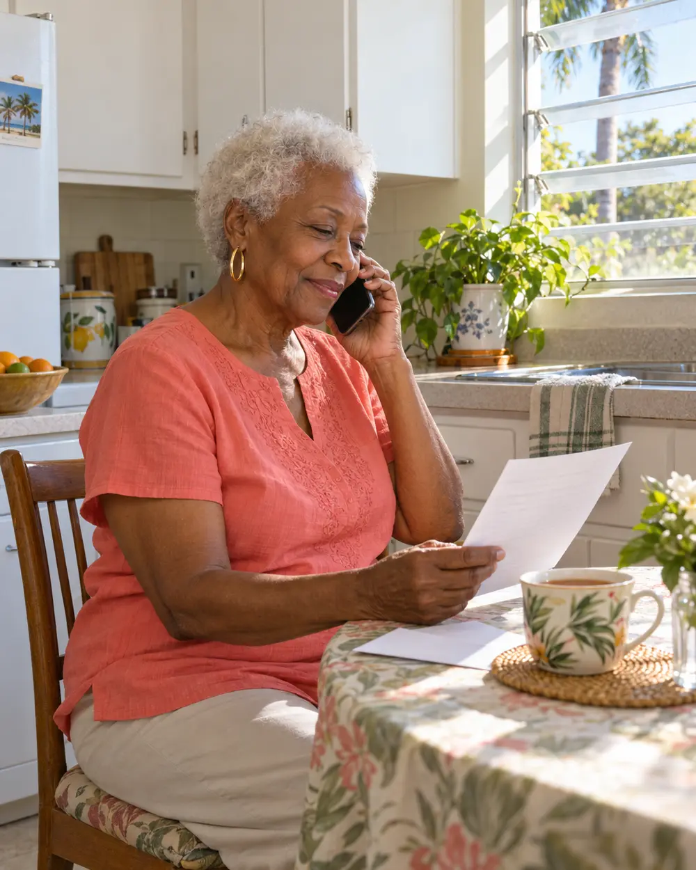 Illustrative scene: a Black woman in her seventies with short white hair and gold hoop earrings on the phone at the kitchen table of her Clearwater ranch house, a one-page letter in hand