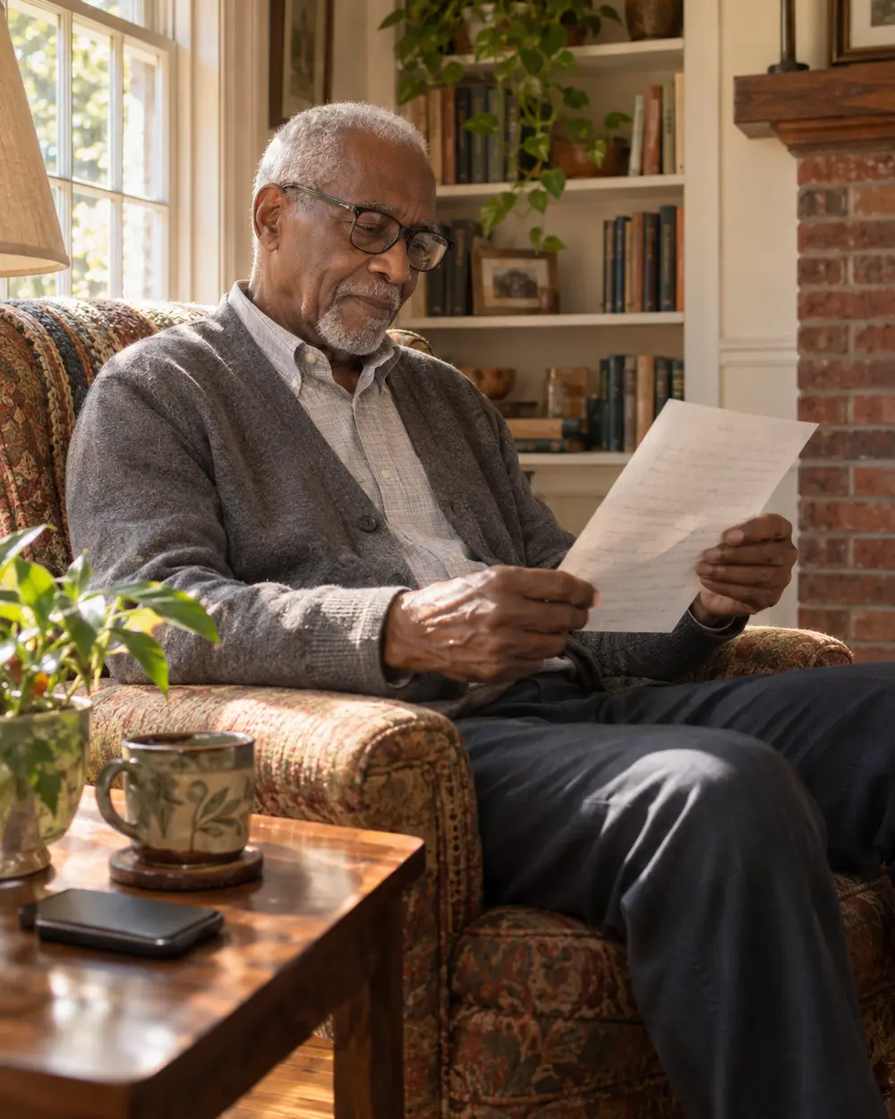 Illustrative scene: a Black man in his seventies reading a one-page letter in an armchair by the bookshelves of his Columbus, Georgia bungalow