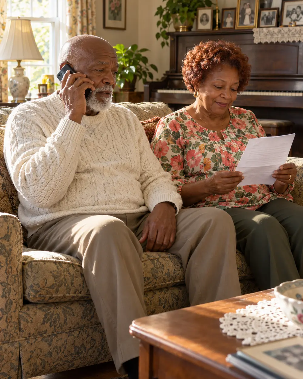 Illustrative scene: a Black couple in their seventies on the loveseat in the front room of their Hampton house, he on the phone and she reading a one-page letter