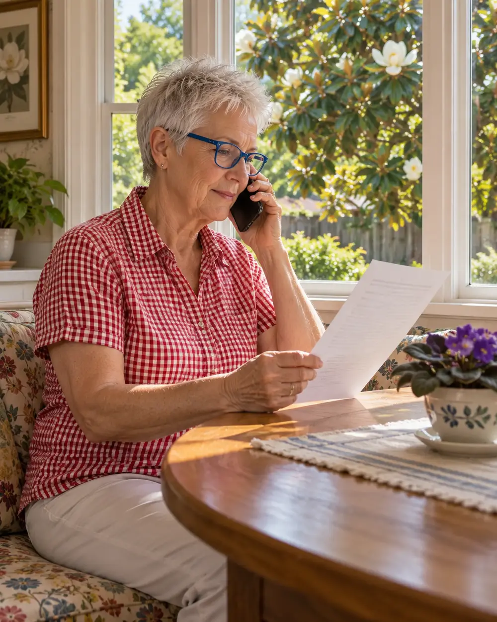 Illustrative scene: a white woman in her seventies with blue-framed glasses on the phone in the bay-window breakfast nook of her Jackson house, a one-page letter in hand
