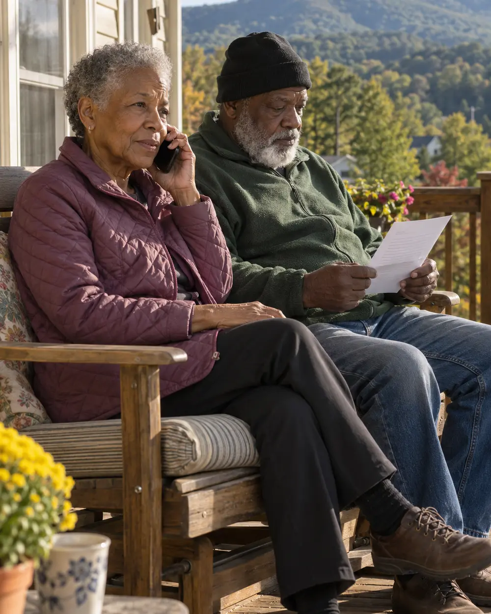 Illustrative scene: a Black couple in their seventies on a glider on the back deck of their Johnson City house, she on the phone and he reading a one-page letter, mountains beyond