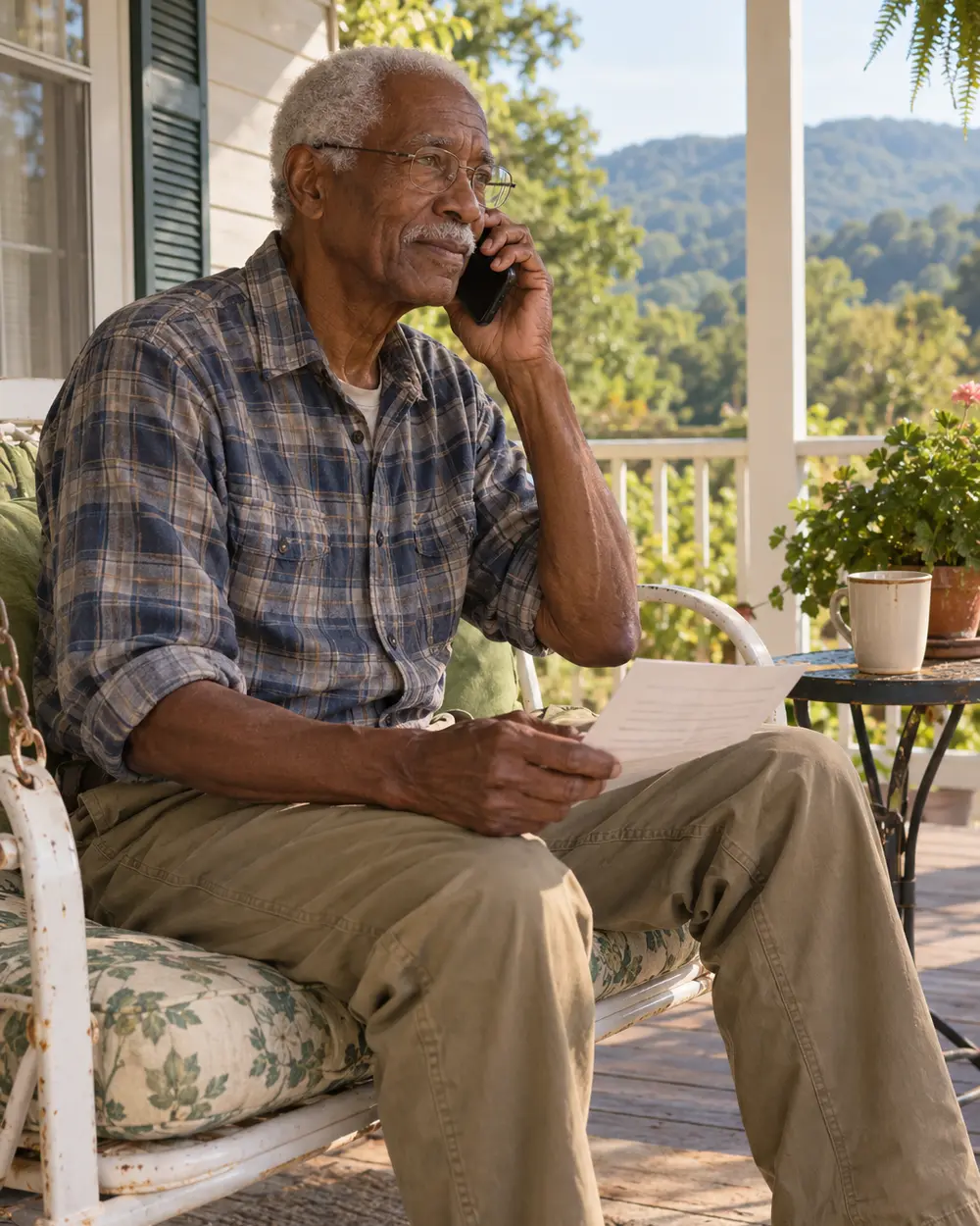 Illustrative scene: a Black man in his seventies in a plaid flannel work shirt on the phone on a porch glider at the back of his Kingsport house, a one-page letter on his knee, wooded ridges beyond