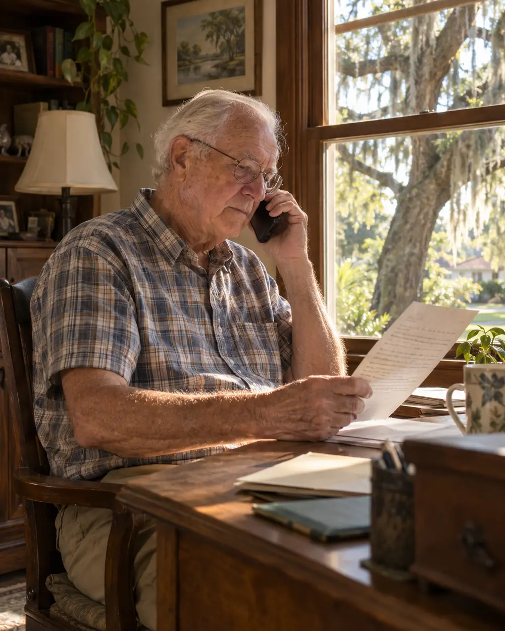 Illustrative scene: a white man in his seventies on the phone at his desk with a letter in hand, mossy oaks outside the window of his Lakeland bungalow
